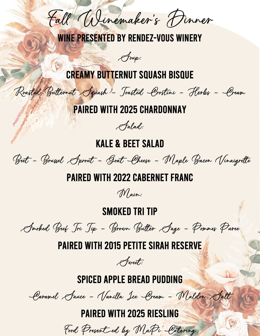 Menu for Fall Winemakers Dinner featuring squash bisque, kale salad, and wine pairings at Rendez-vous Winery.