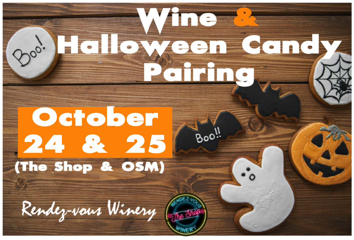 Halloween-themed cookies and decorations promoting wine and candy pairing event at Rendez-vous Winery.