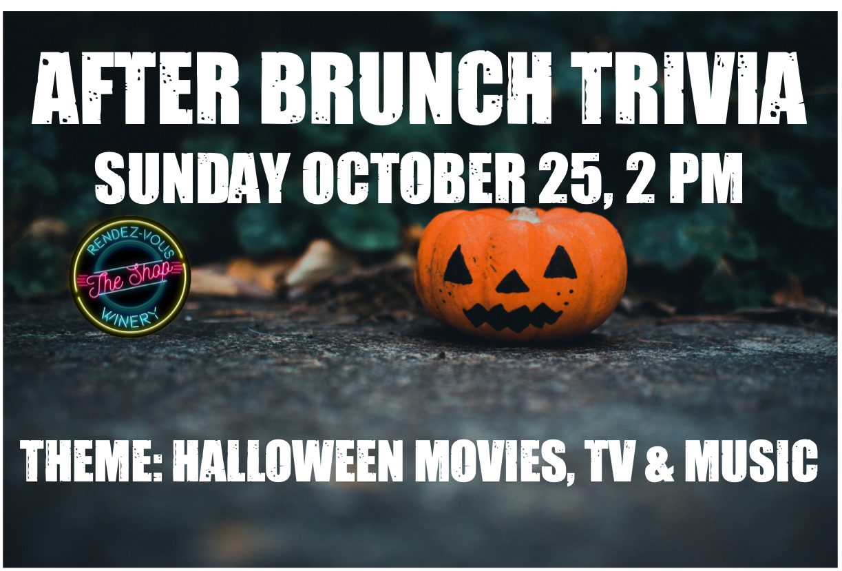Halloween-themed trivia event at Rendez-vous Winery with a carved pumpkin on a dark background.