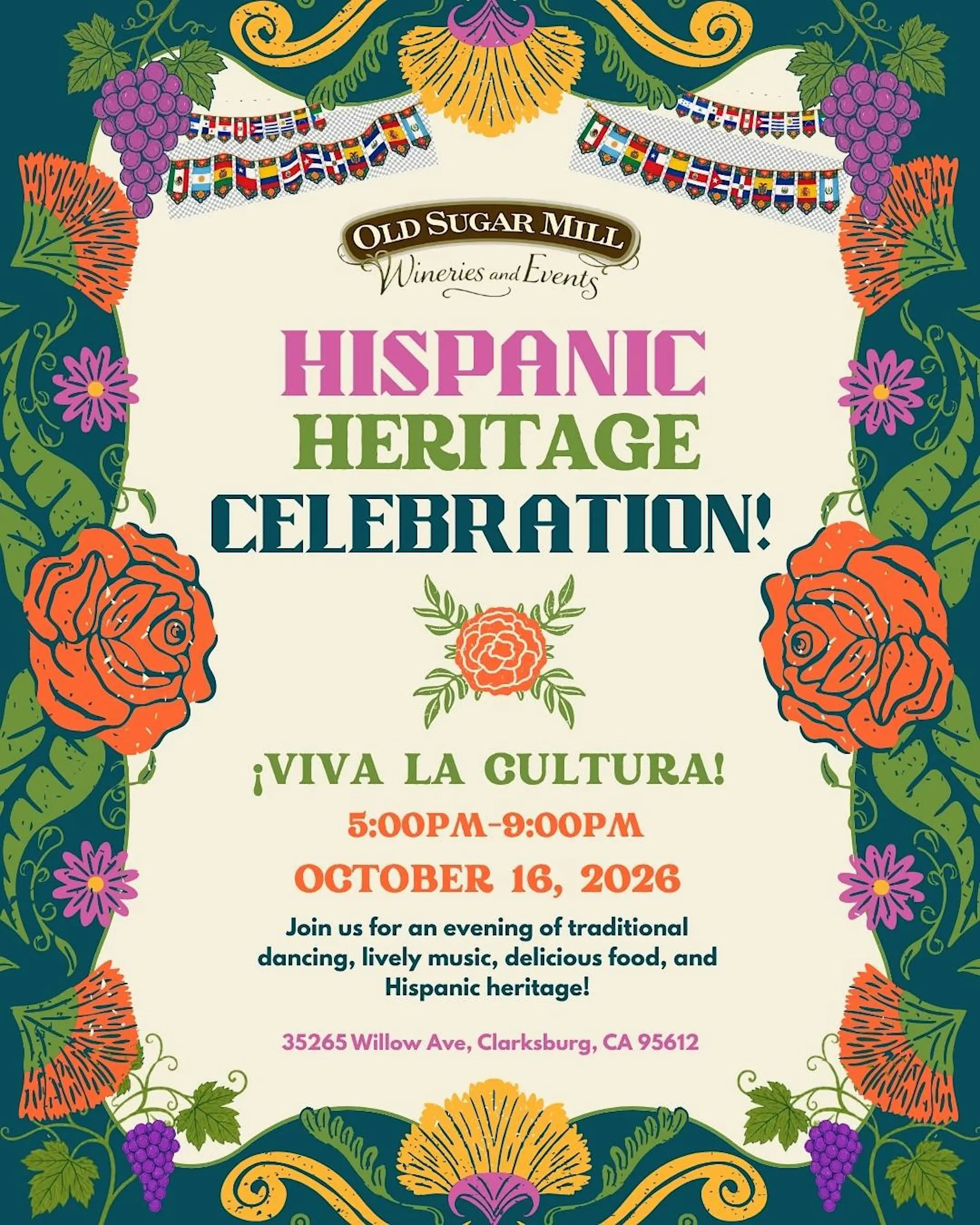 Hispanic Heritage Celebration event poster with colorful floral and cultural decorations, promoting traditional dancing and H.
