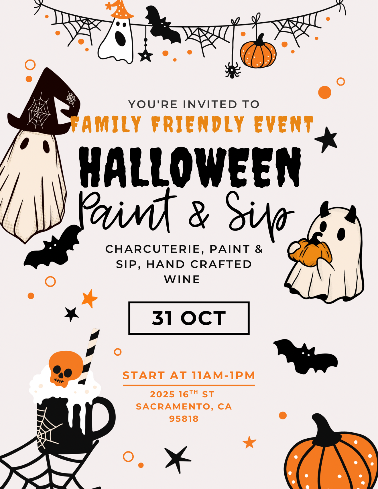 Halloween Paint & Sip event poster with pumpkins, ghosts, bats, and spooky decorations at Rendez-vous Winery.